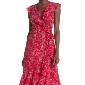 Beautiful midi red floral print summer sun wrap dress from Max Studio